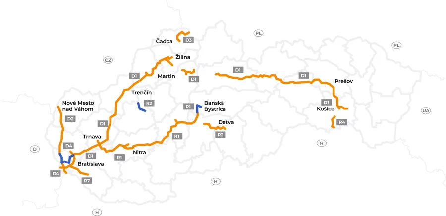 Map of Slovak motorways and expressways where a vignette is required